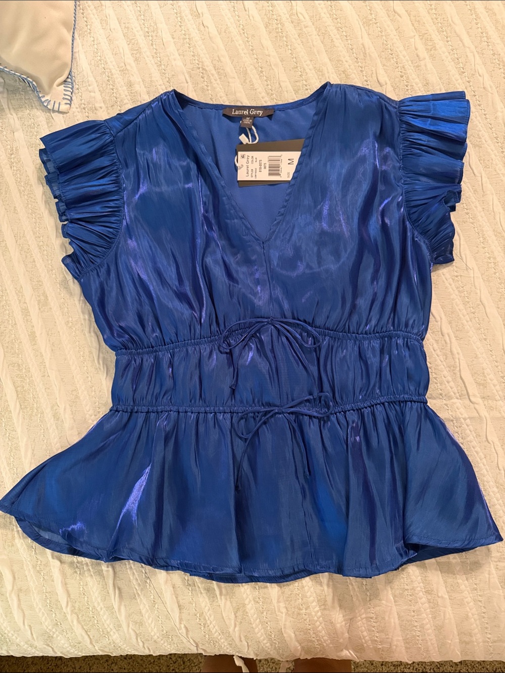 Laurel Grey Royal Blue V-Neck Peplum Top with Ruffle Sleeves